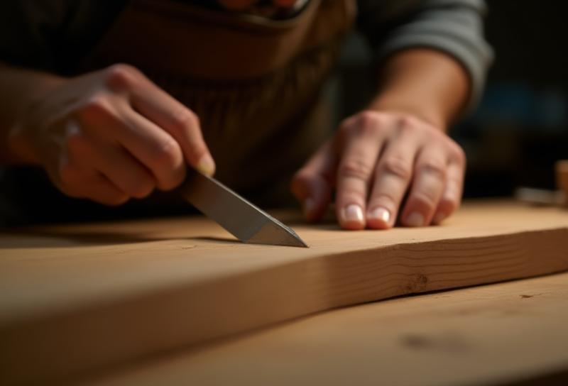 Close-up of hands working with wood and tools