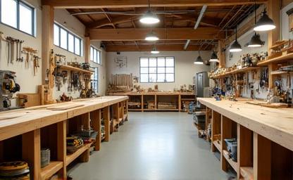 Interior view of a clean and organized woodworking workshop with various tools and benches