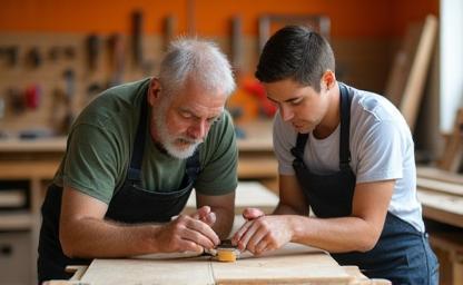 Instructor helping student with a woodworking technique in a bright workshop