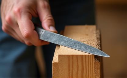 Close-up of a student carefully working on shaping a wooden chair leg with a chisel