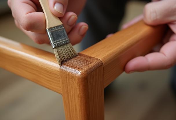 A hand applying wood finish to a chair leg using a brush