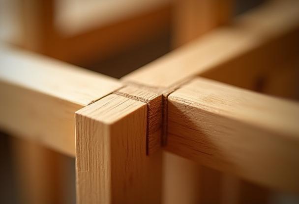 Close up photograph highlighting the precise joinery work on a chair frame