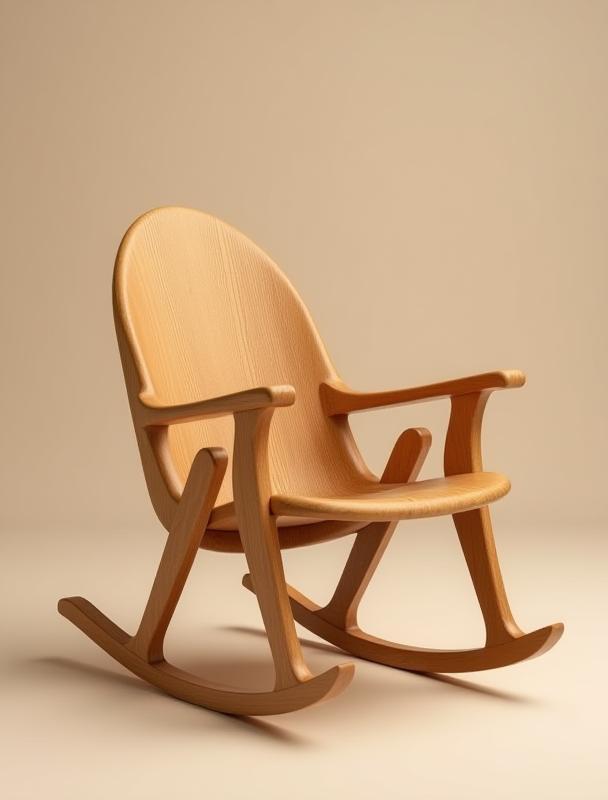 Beautifully crafted wooden rocking chair with smooth curves and visible joinery
