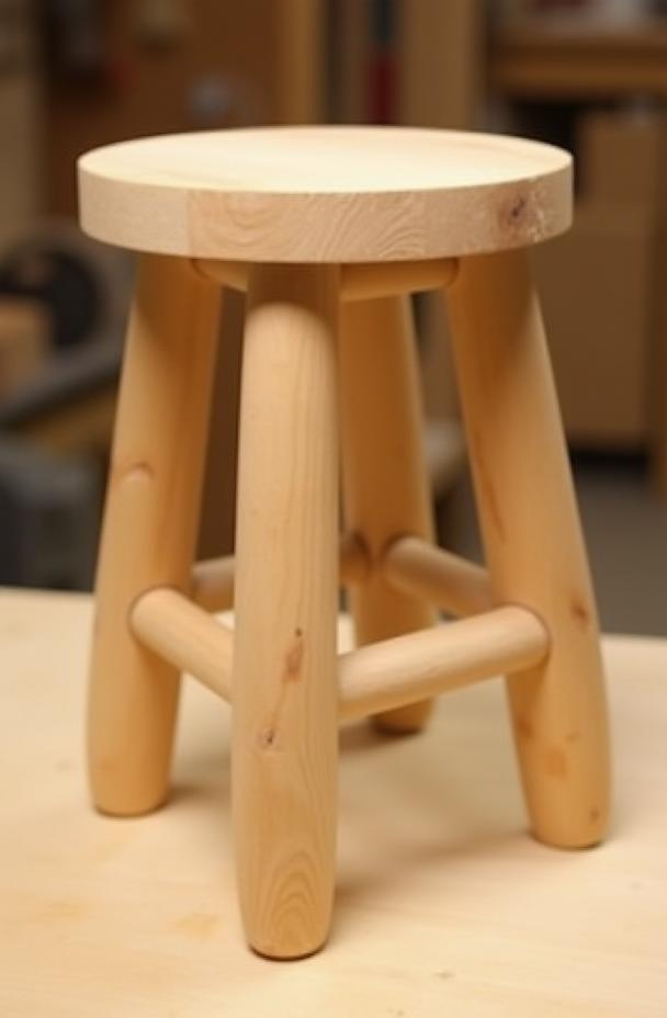 Simple yet sturdy three-legged wooden stool, demonstrating basic joinery
