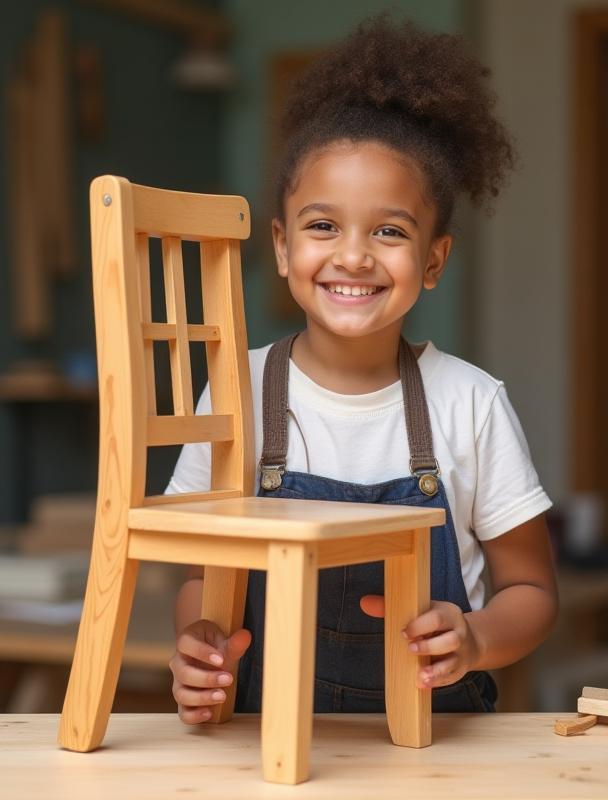 A student proudly displaying their first completed handmade chair project