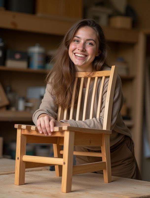 Another student smiling next to their finished handmade chair in the workshop